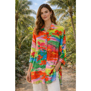 Jams World VTG Button Down 3/4 Sleeve Tropical Floral Tunic Top XL Dreams Hawaii